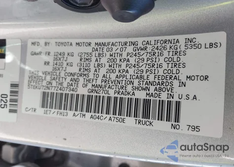 2007 Toyota Tacoma Prerunner V6 z USA, uszkodzony, nr VIN 5TEKU72N77Z407340